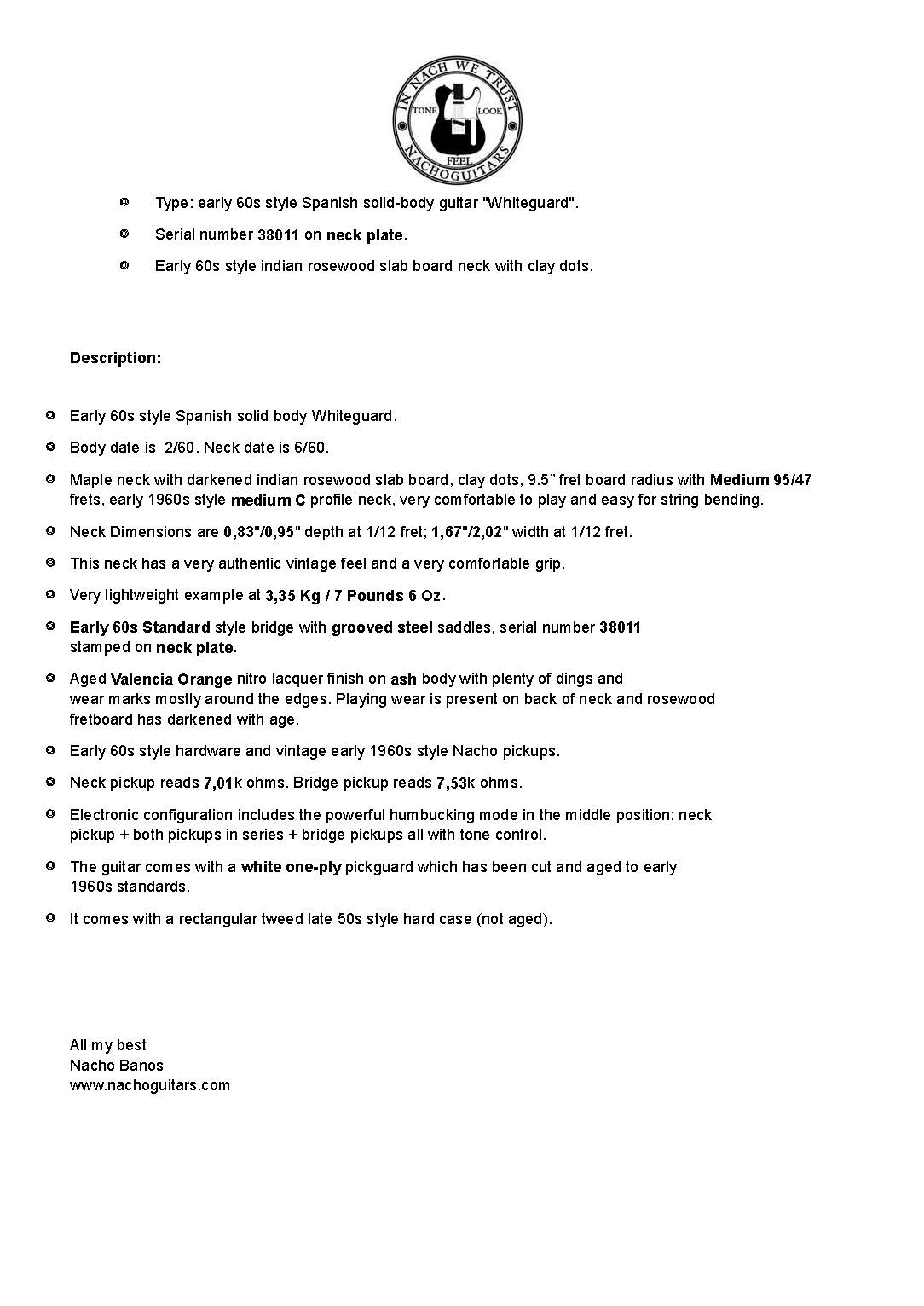 NEW Nacho Telecaster Slab board Valencia Orange #38011