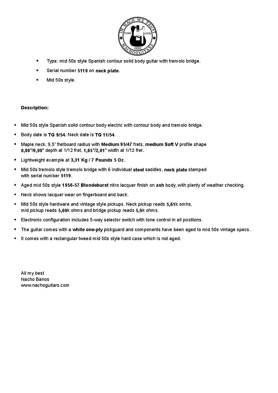 NEW 2025 Contour body Nacho Guitar Blondeburst # 5119