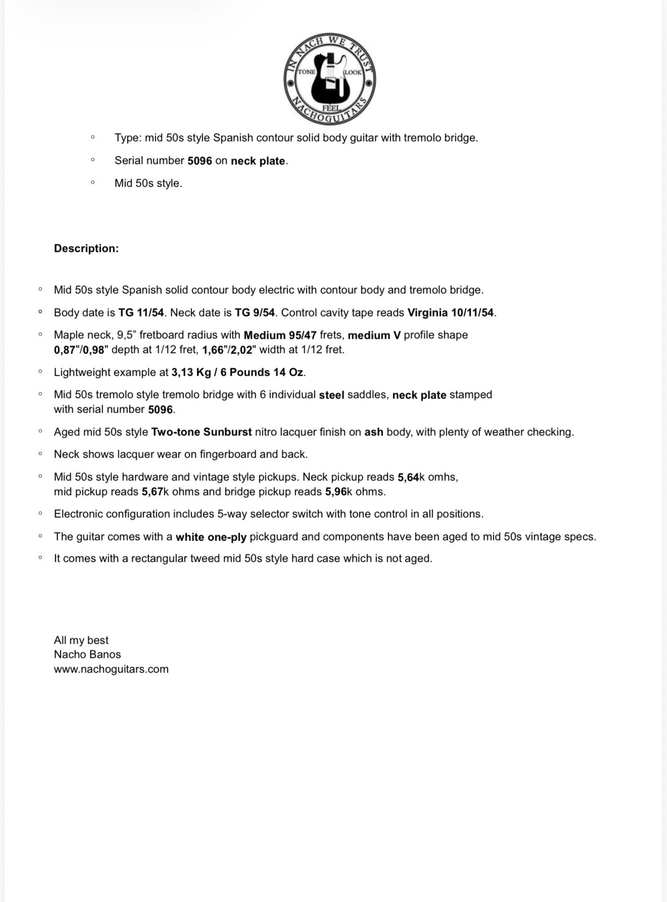 NEW Nacho Contour body 1954 style Sunburst Heavy aged #5096