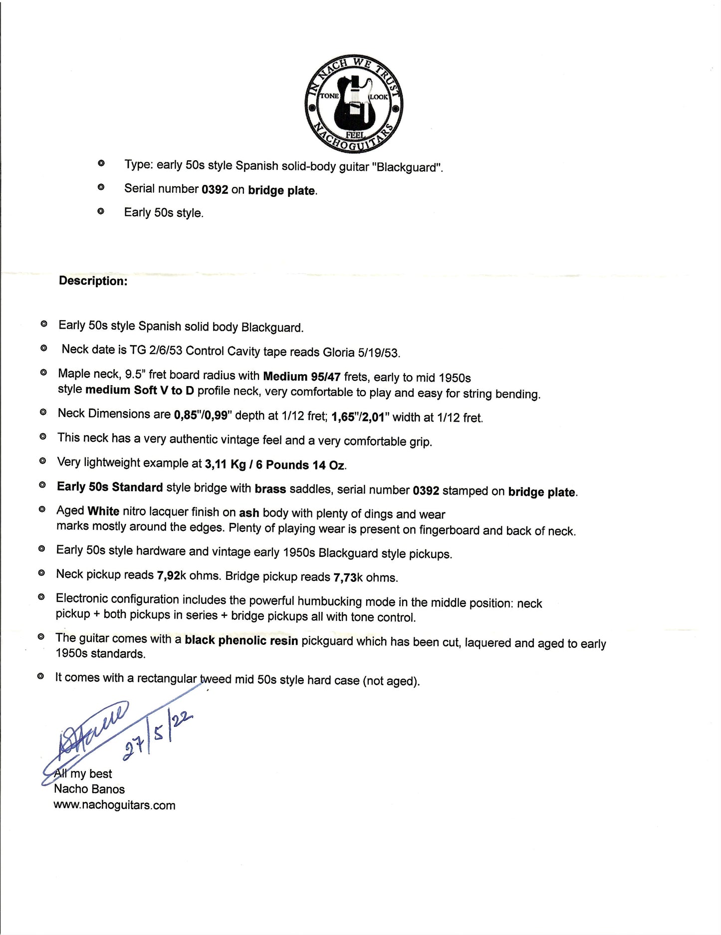 2022 Nacho Blackguard Telecaster Aged White #0392