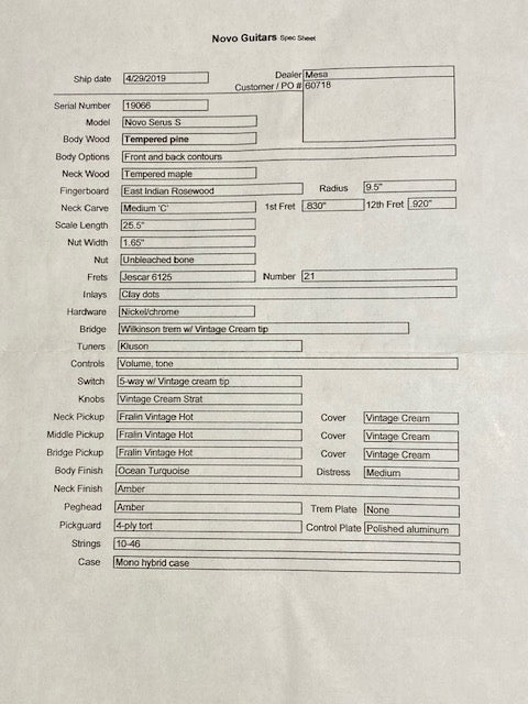 2019 Novo Guitars Serus S Ocean Turquoise Metallic