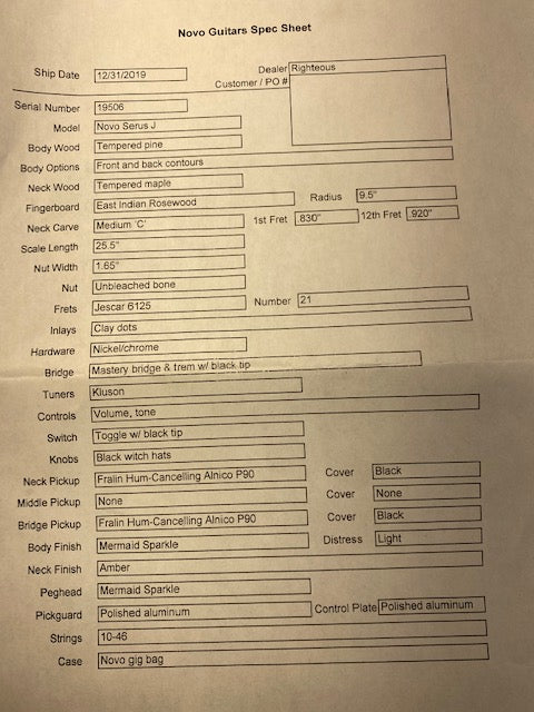 2019 Novo Serus J Mermaid Sparkle Fralin Hum-Canceling Alnico P90's