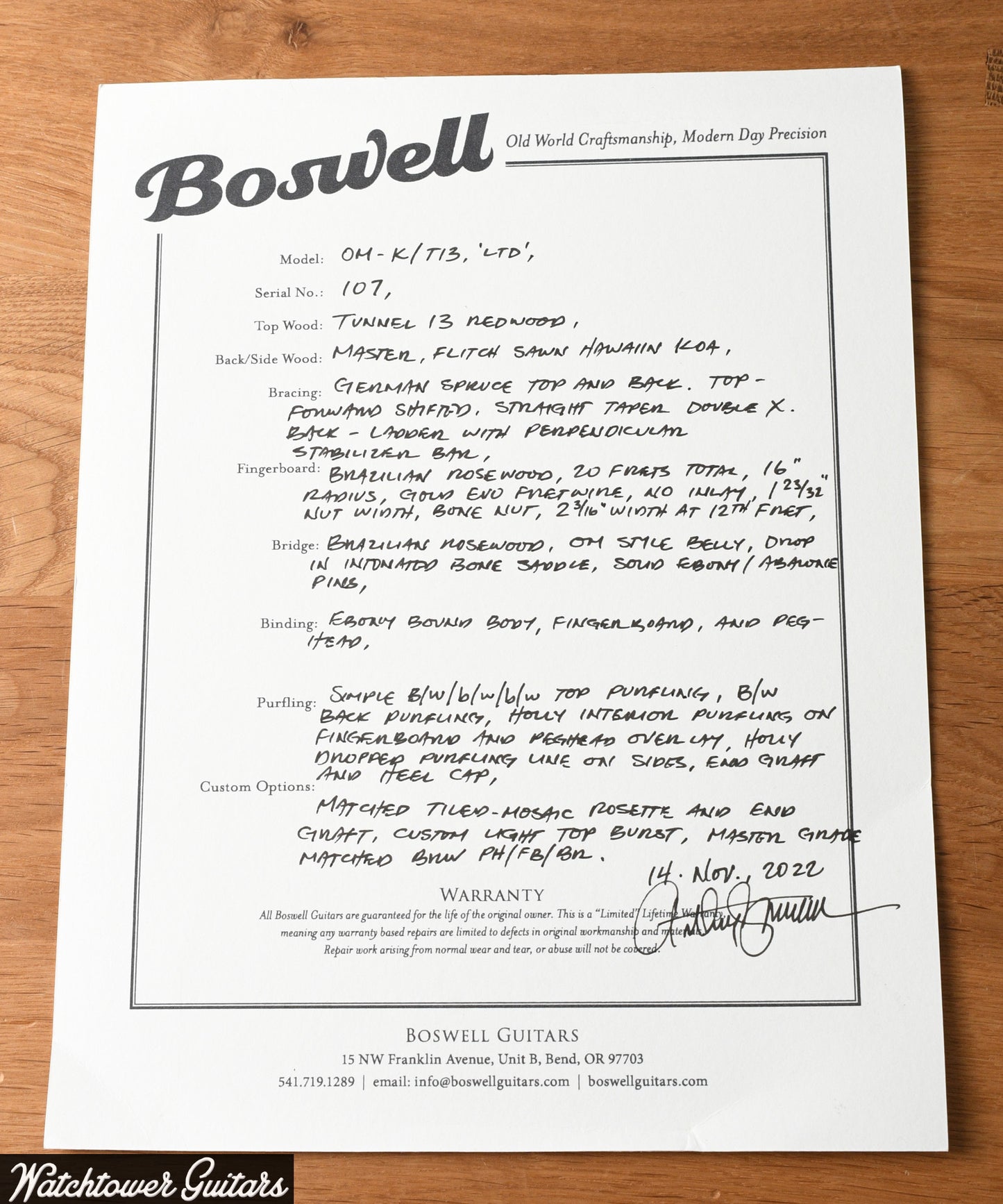 2022 Boswell "Lost Tunnel" Redwood OM Koa T13