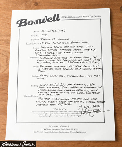 2022 Boswell "Lost Tunnel" Redwood OM Koa T13