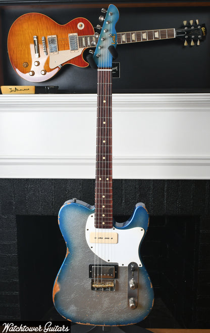 LSL Instruments Bad Bone 290 Lake Placid Blue Sparkle Burst to Silver Sparkle Heavy Aged "Blues"