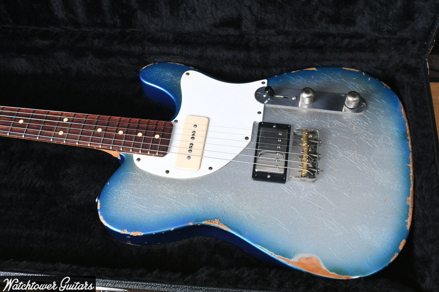 LSL Instruments Bad Bone 290 Lake Placid Blue Sparkle Burst to Silver Sparkle Heavy Aged "Blues"