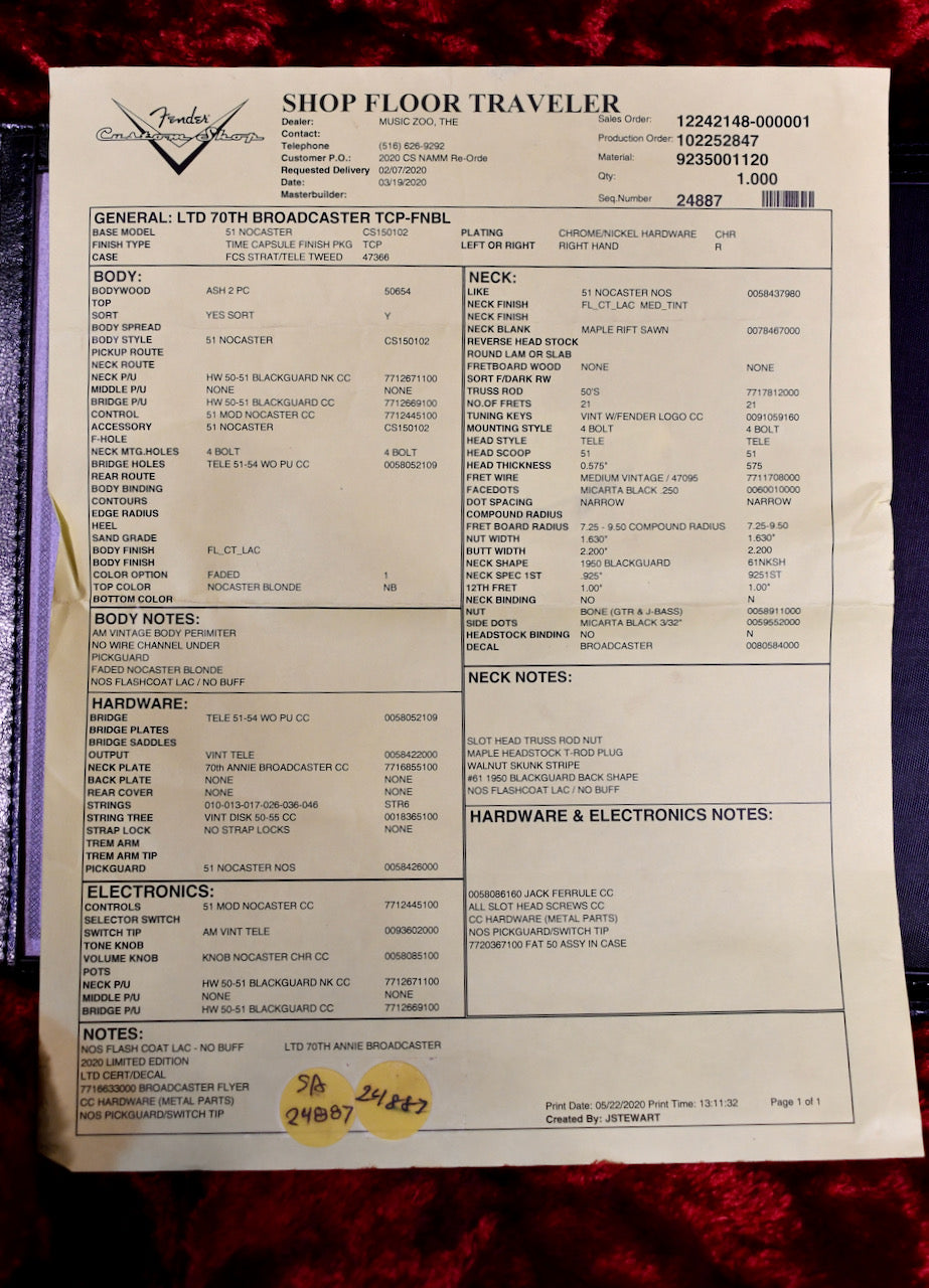 2020 Fender Custom Shop LTD 70th Anniversary Broadcaster NOS Blonde