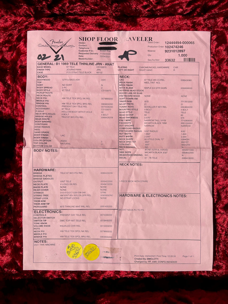 2021 Fender Custom Shop Telecaster '69 Thinline Relic Natural