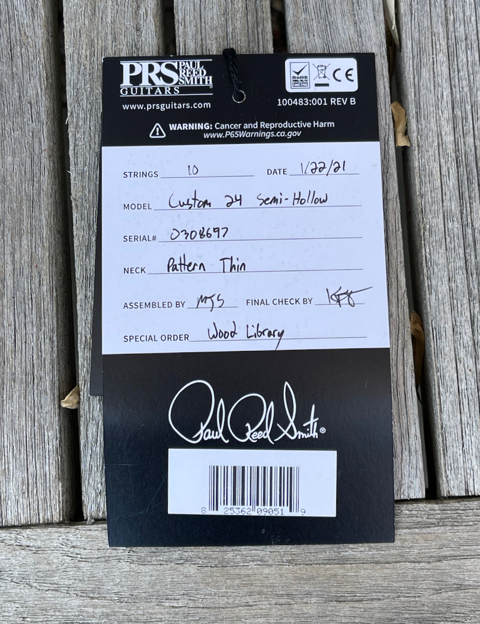 2021 Paul Reed Smith PRS Wood Library Custom 24 Semi Hollow Charcoal Cherry Wrap