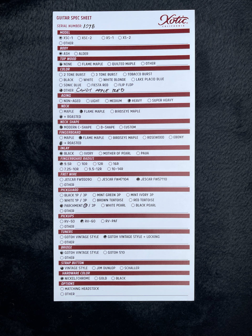 2019 Xotic XSC-1 Heavy Aged Candy Apple Red & Mastergrade Roasted Maple Neck