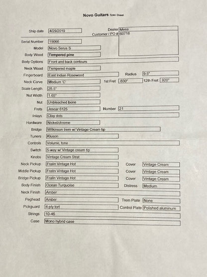 2019 Novo Guitars Serus S Ocean Turquoise  Metallic
