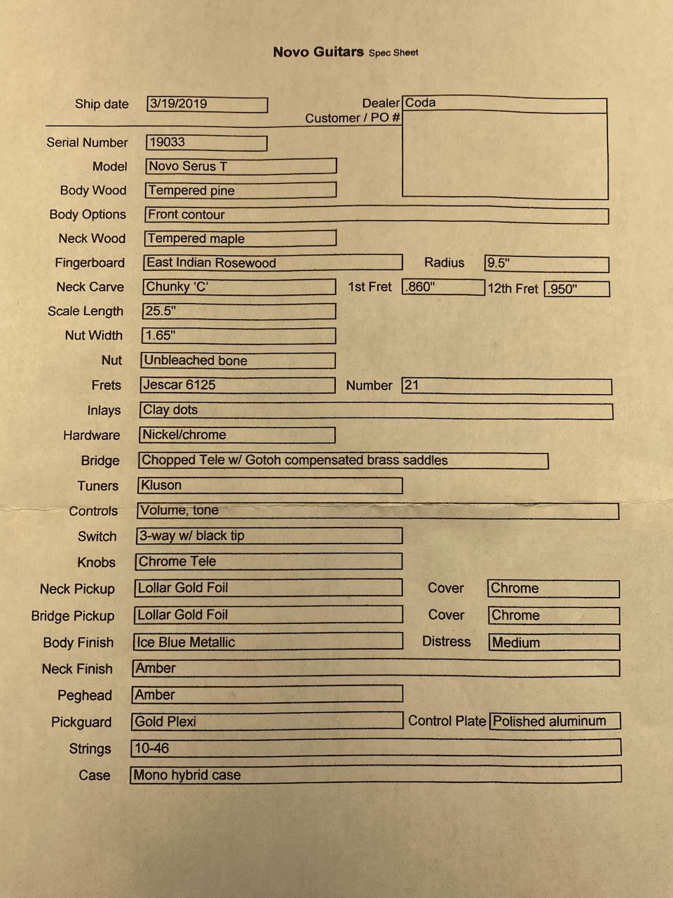 2019 Novo Guitars Serus T Ice Blue Metallic