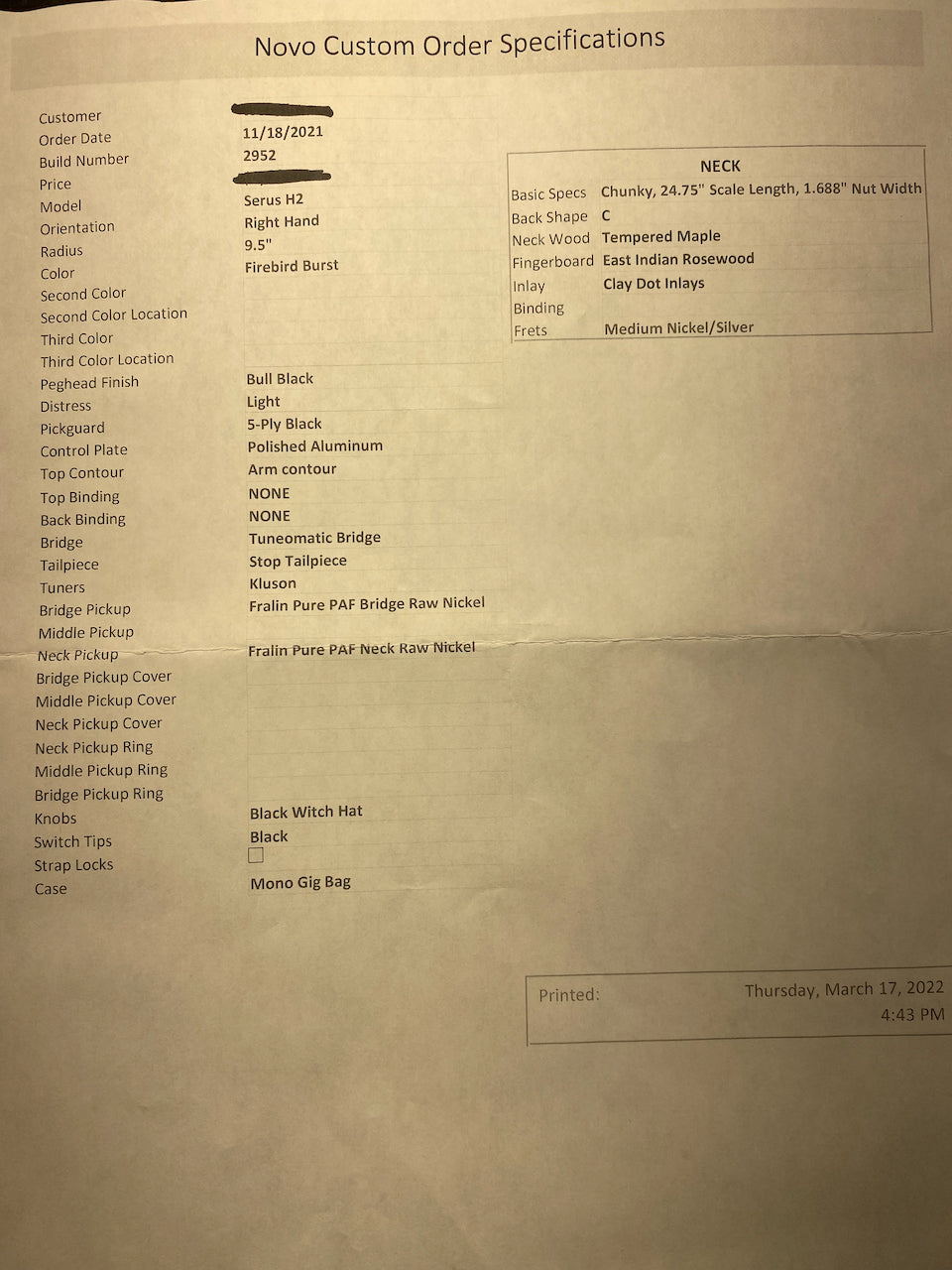 2021 Novo Guitars Serus H2 Firebird Burst