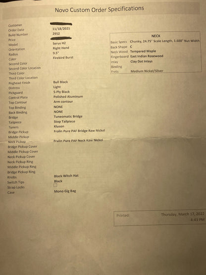 2021 Novo Guitars Serus H2 Firebird Burst