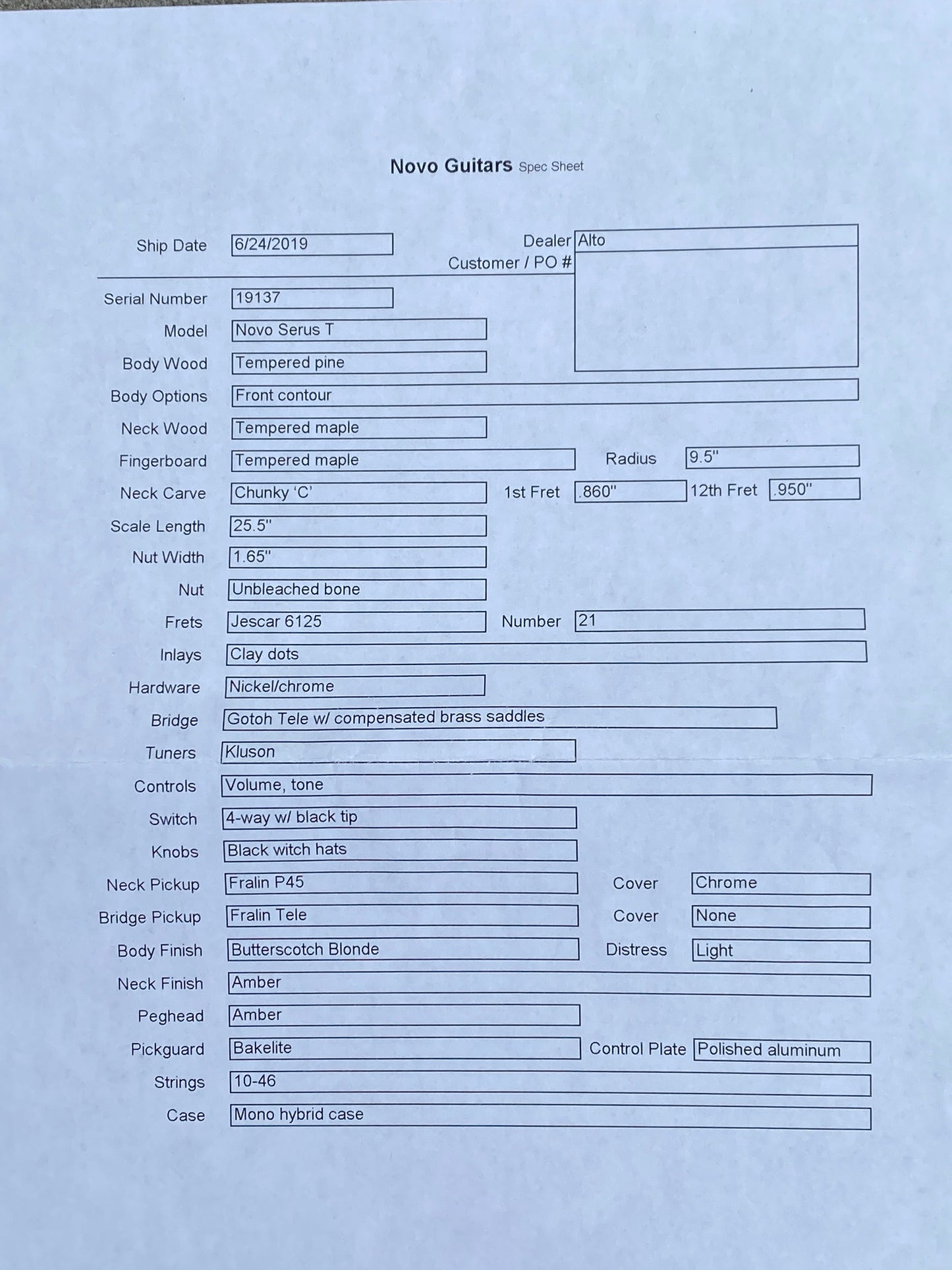 Novo Guitars Serus T Butterscotch Blonde maple neck, Fralins